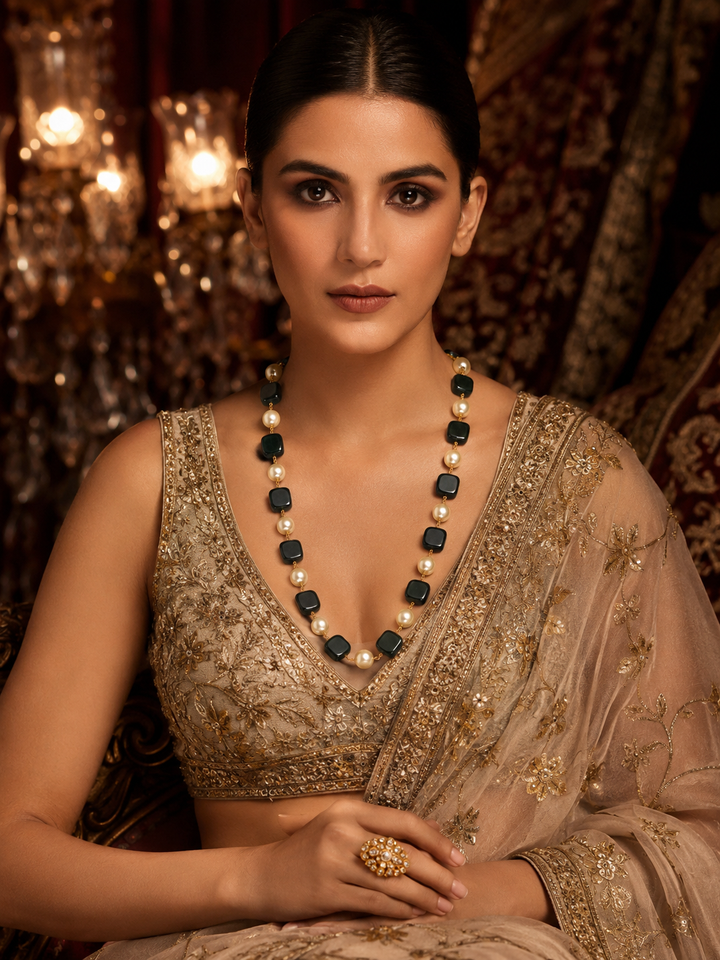 Gold Plated Jaipuri Stones Mala – Traditional Royal Glam | SHOBITAM
