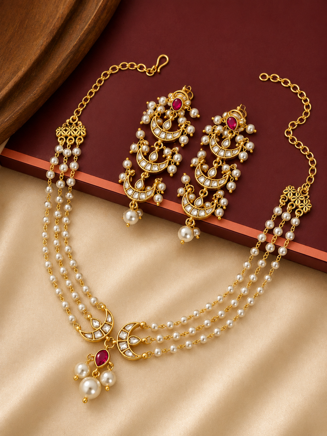 Polki Kundan Pearl Layered Chand Necklace Set | SHOBITAM