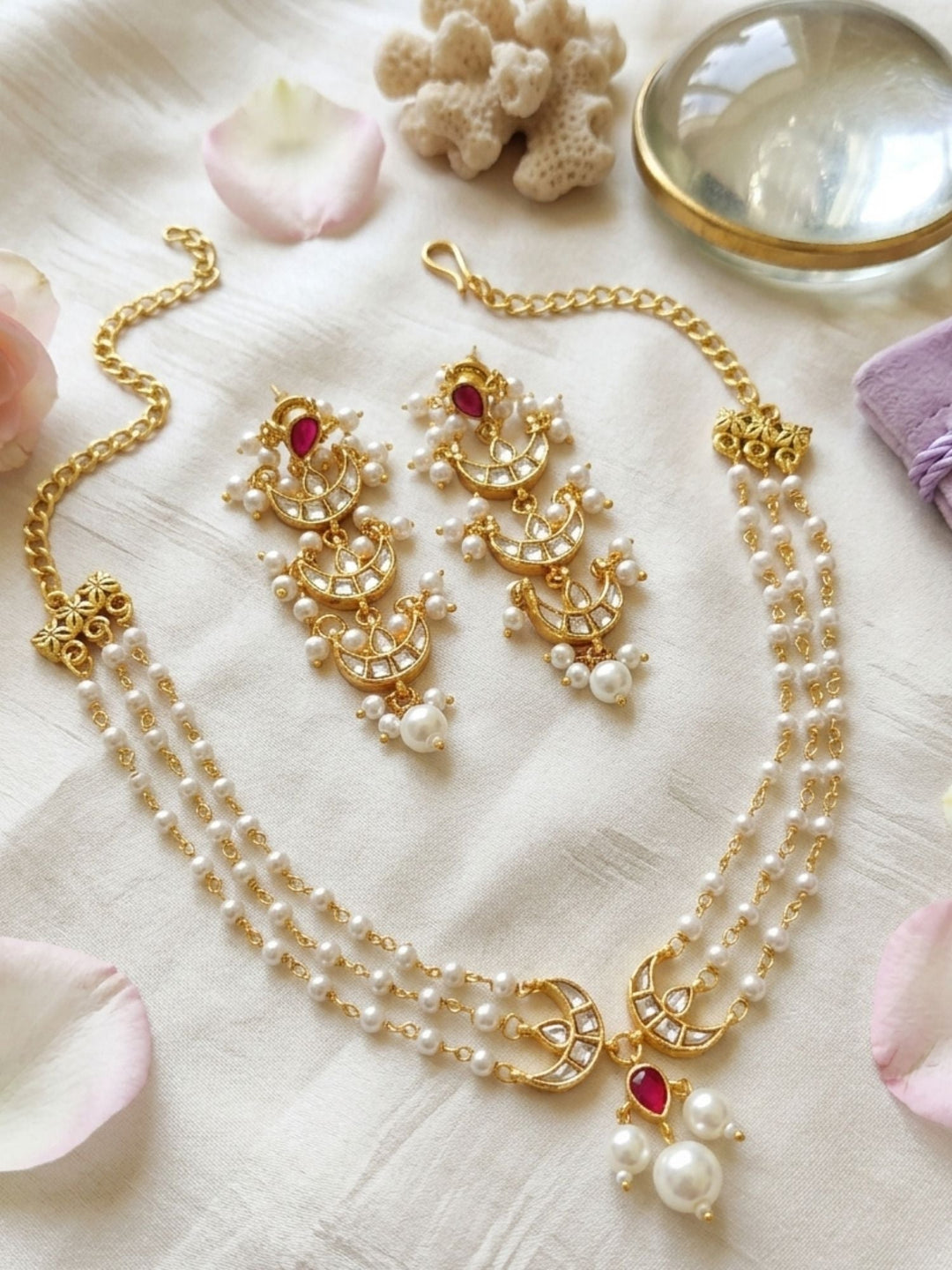 Polki Kundan Pearl Layered Chand Necklace Set | SHOBITAM