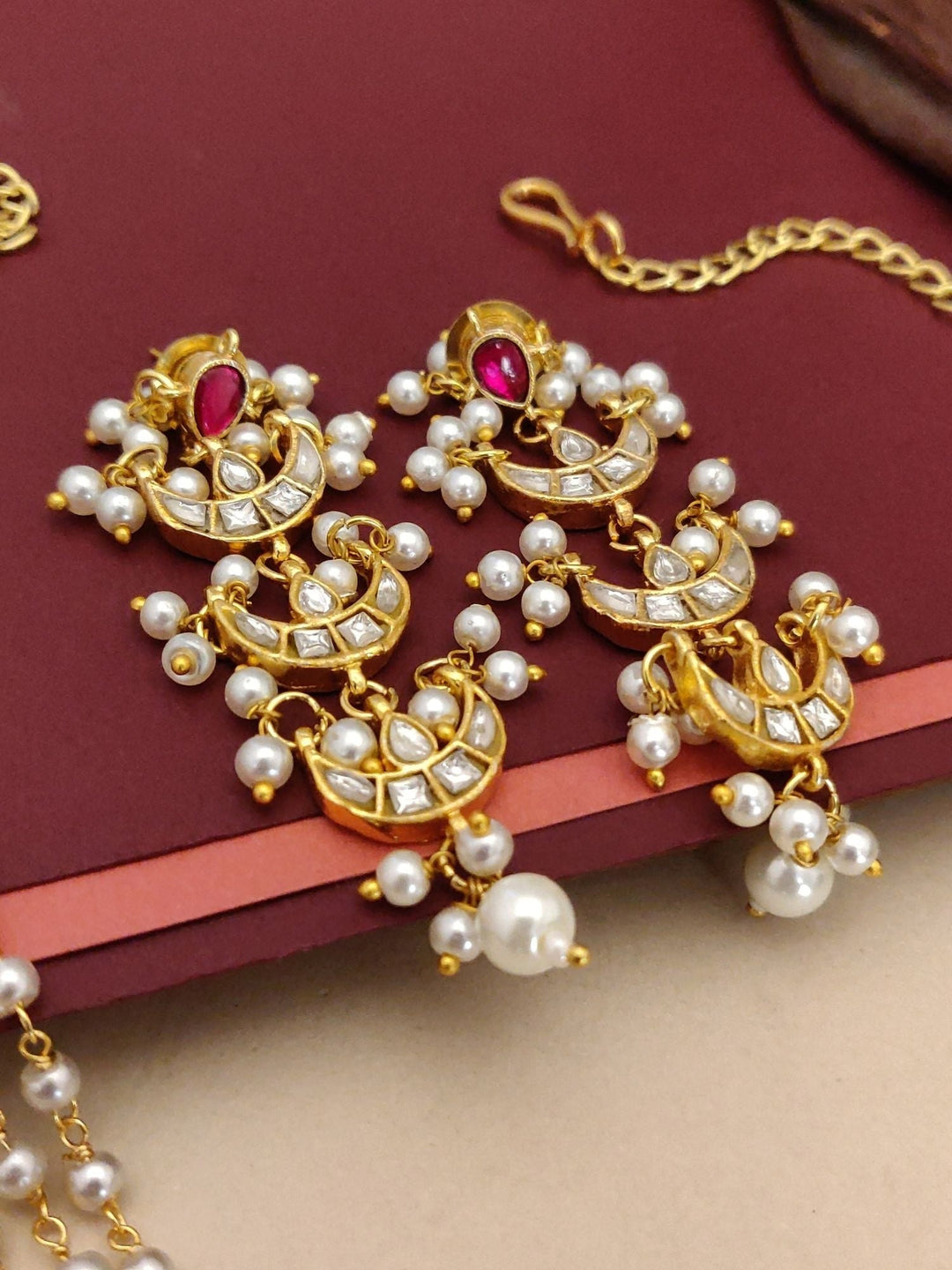 Polki Kundan Pearl Layered Chand Necklace Set | SHOBITAM