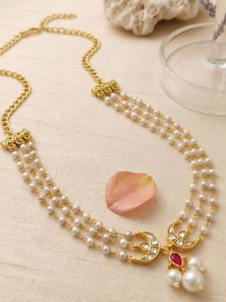 Polki Kundan Pearl Layered Chand Necklace Set | SHOBITAM