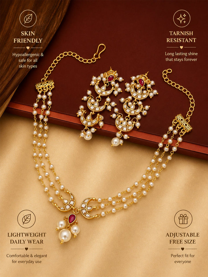 Polki Kundan Pearl Layered Chand Necklace Set | SHOBITAM