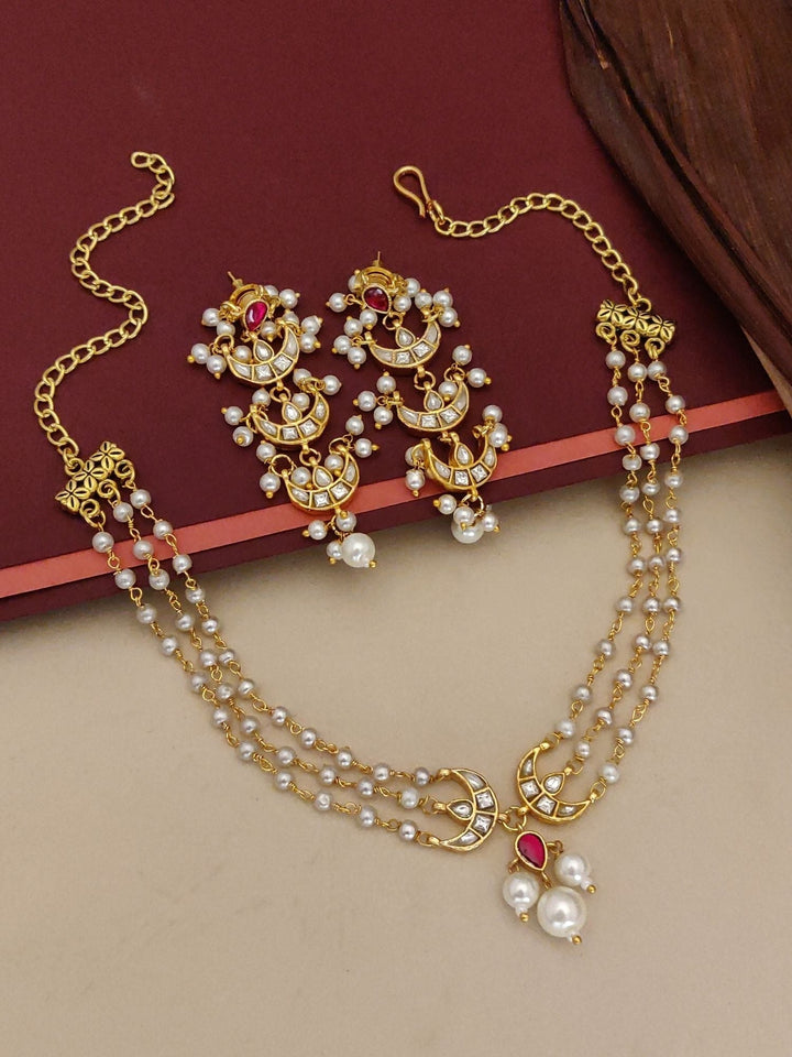 Polki Kundan Pearl Layered Chand Necklace Set | SHOBITAM