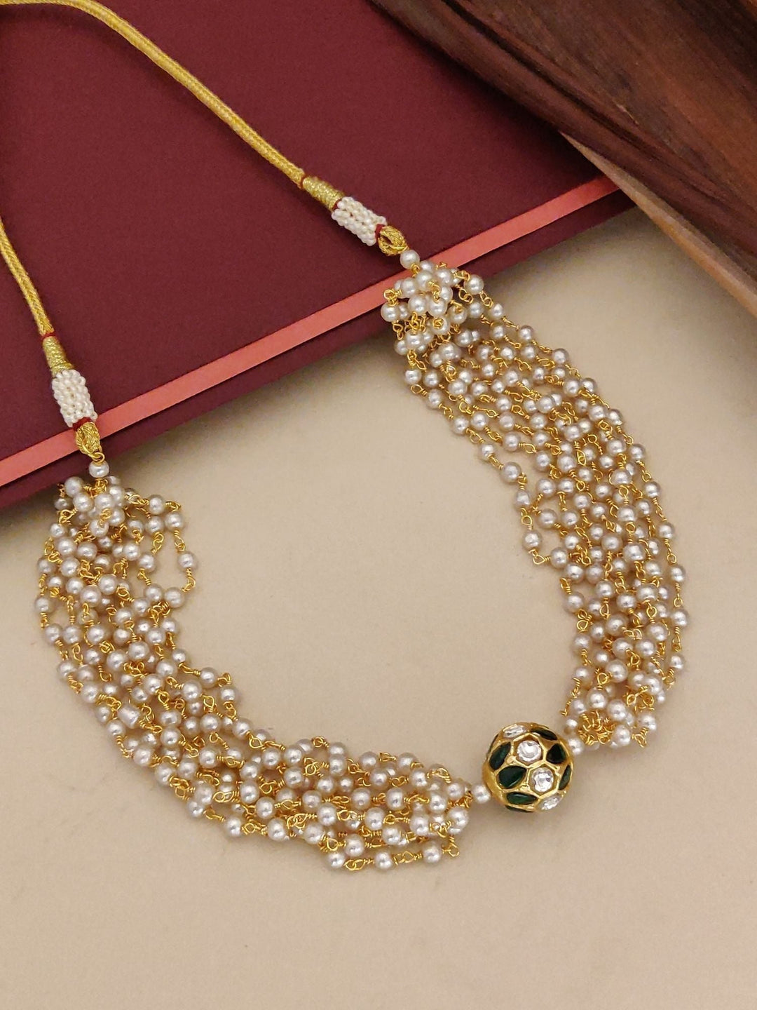 Multi Layer Pearl Choker Necklace with Kundan Bead  | Shobitam