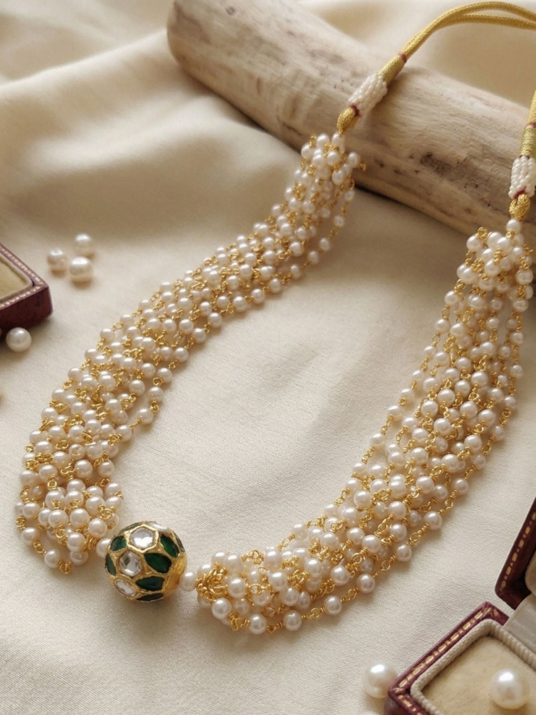 Multi Layer Pearl Choker Necklace with Kundan Bead  | Shobitam