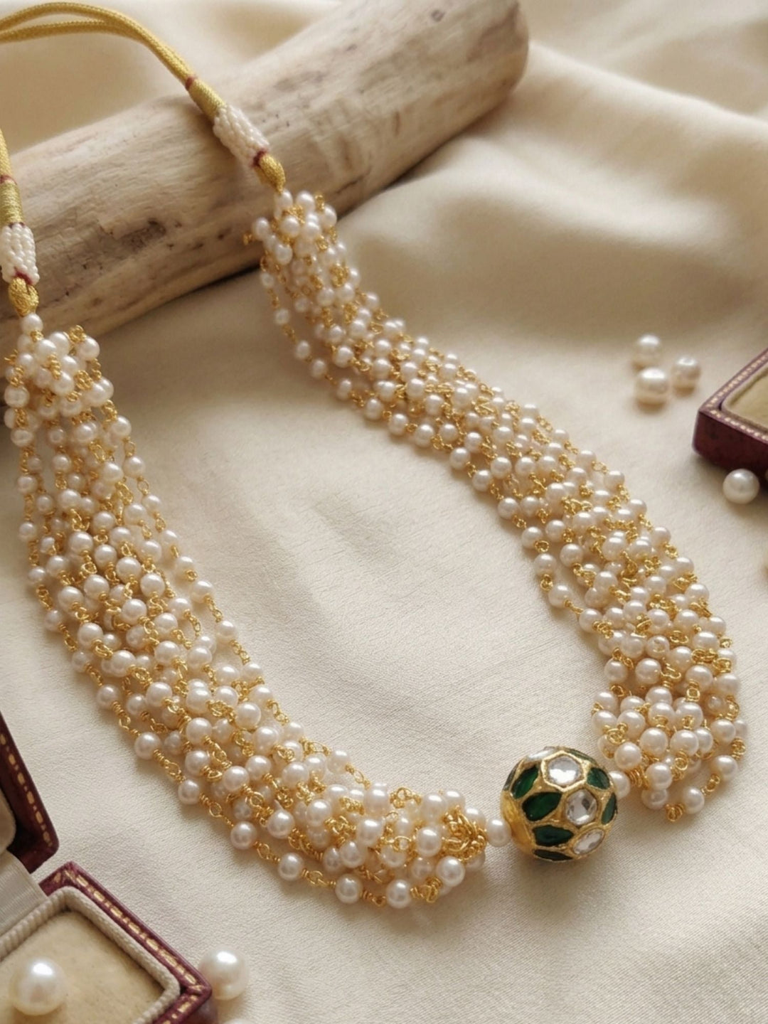 Multi Layer Pearl Choker Necklace with Kundan Bead  | Shobitam