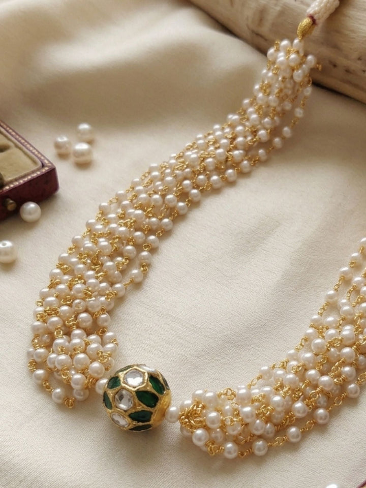 Multi Layer Pearl Choker Necklace with Kundan Bead  | Shobitam