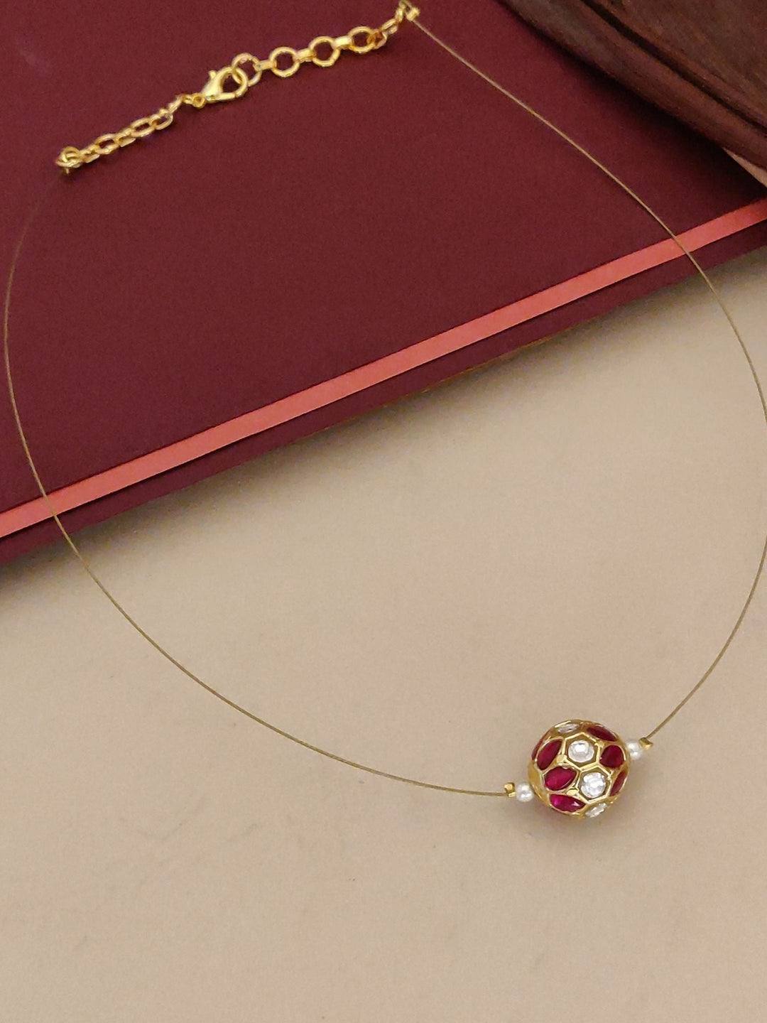 Minimal Gold Plated Necklace with Ruby Stone Charm | SHOBITAM