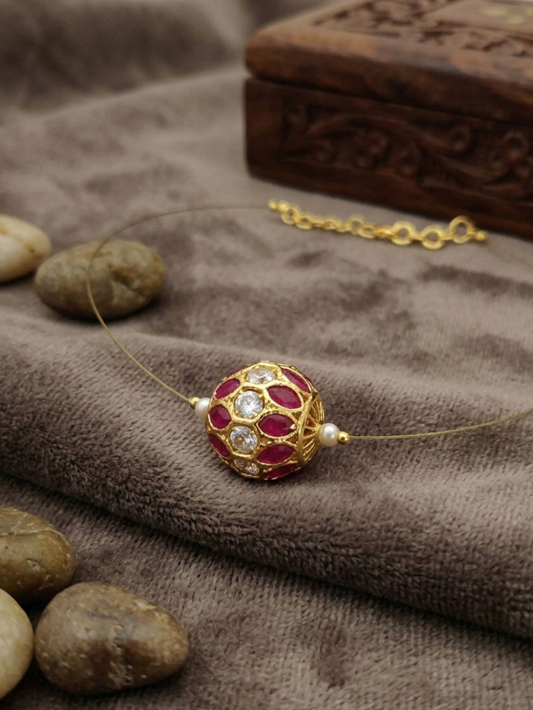 Minimal Gold Plated Necklace with Ruby Stone Charm | SHOBITAM