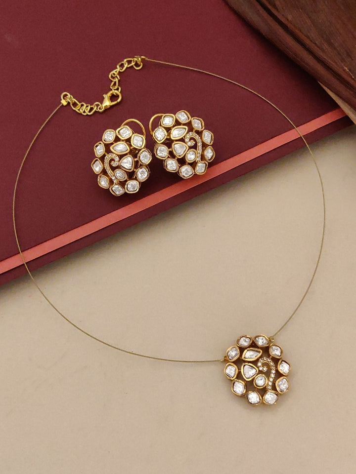 Minimal Gold Plated Necklace with Kundan Pendant & Stud Earrings Set | Shobitam