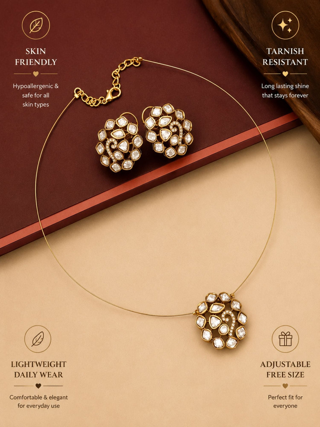 Minimal Gold Plated Necklace with Kundan Pendant & Stud Earrings Set | Shobitam