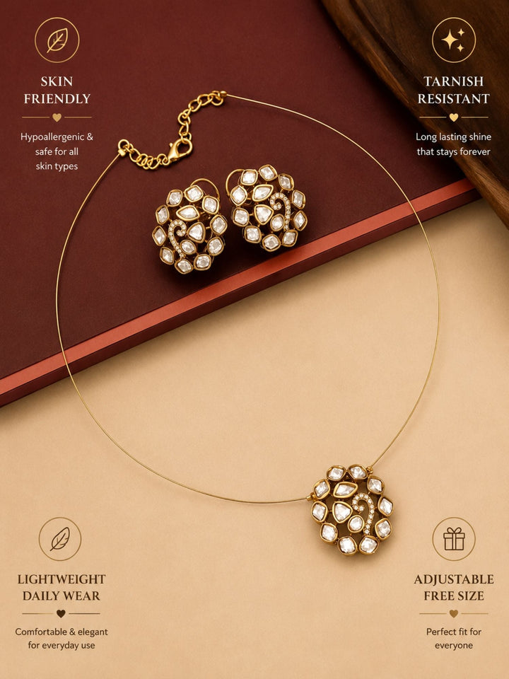 Minimal Gold Plated Necklace with Kundan Pendant & Stud Earrings Set | Shobitam