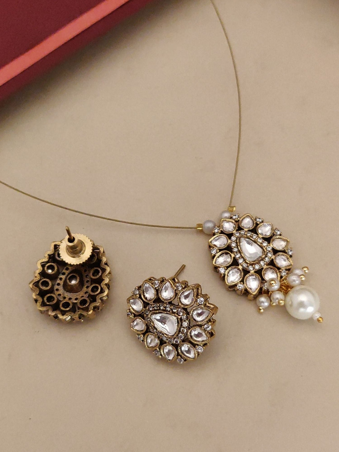 Minimal Gold Plated Invisible Necklace Polki Kundan Pendant Stud Earrings Set | Shobitam