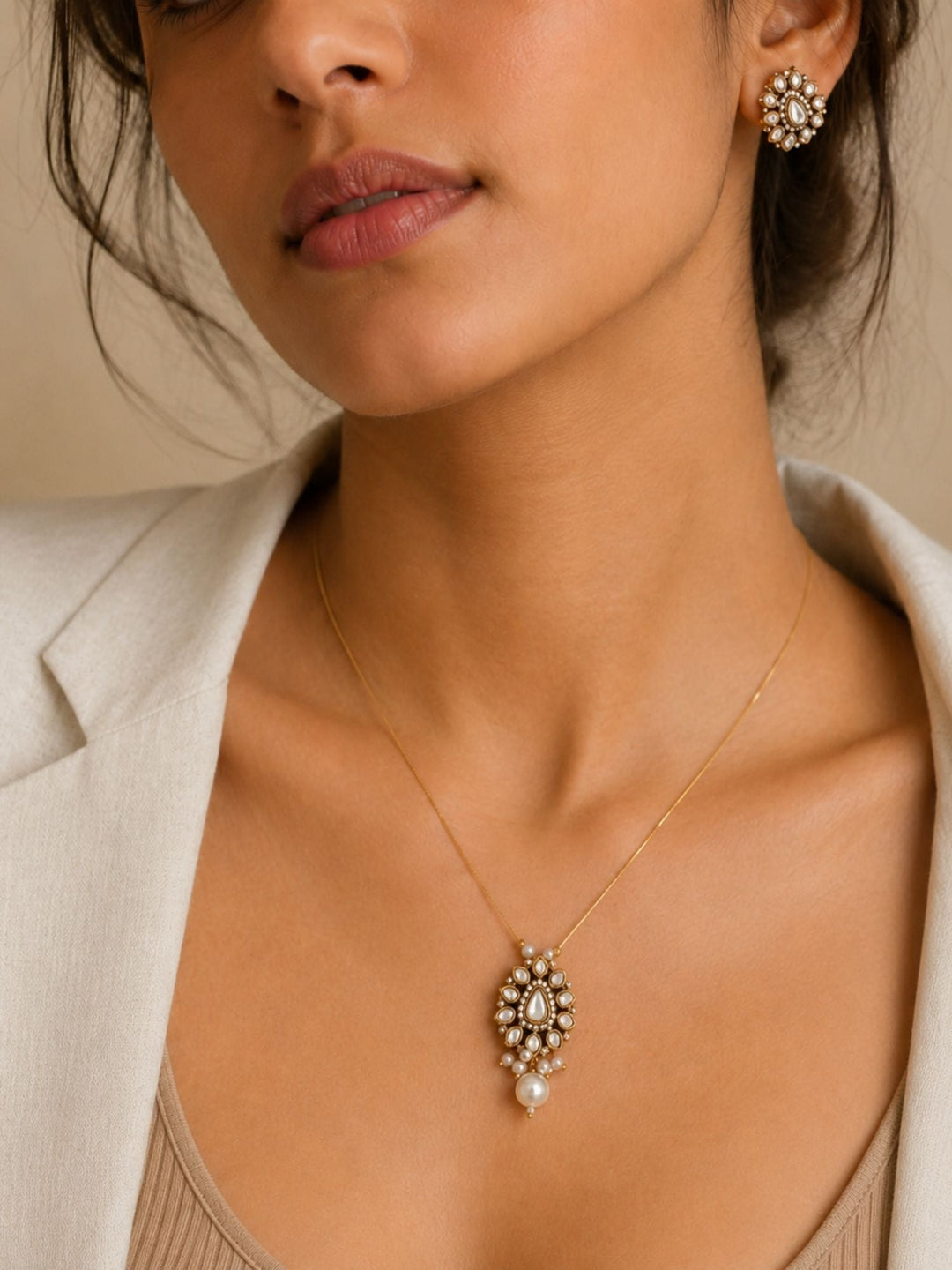 Minimal Gold Plated Invisible Necklace Polki Kundan Pendant Stud Earrings Set | Shobitam