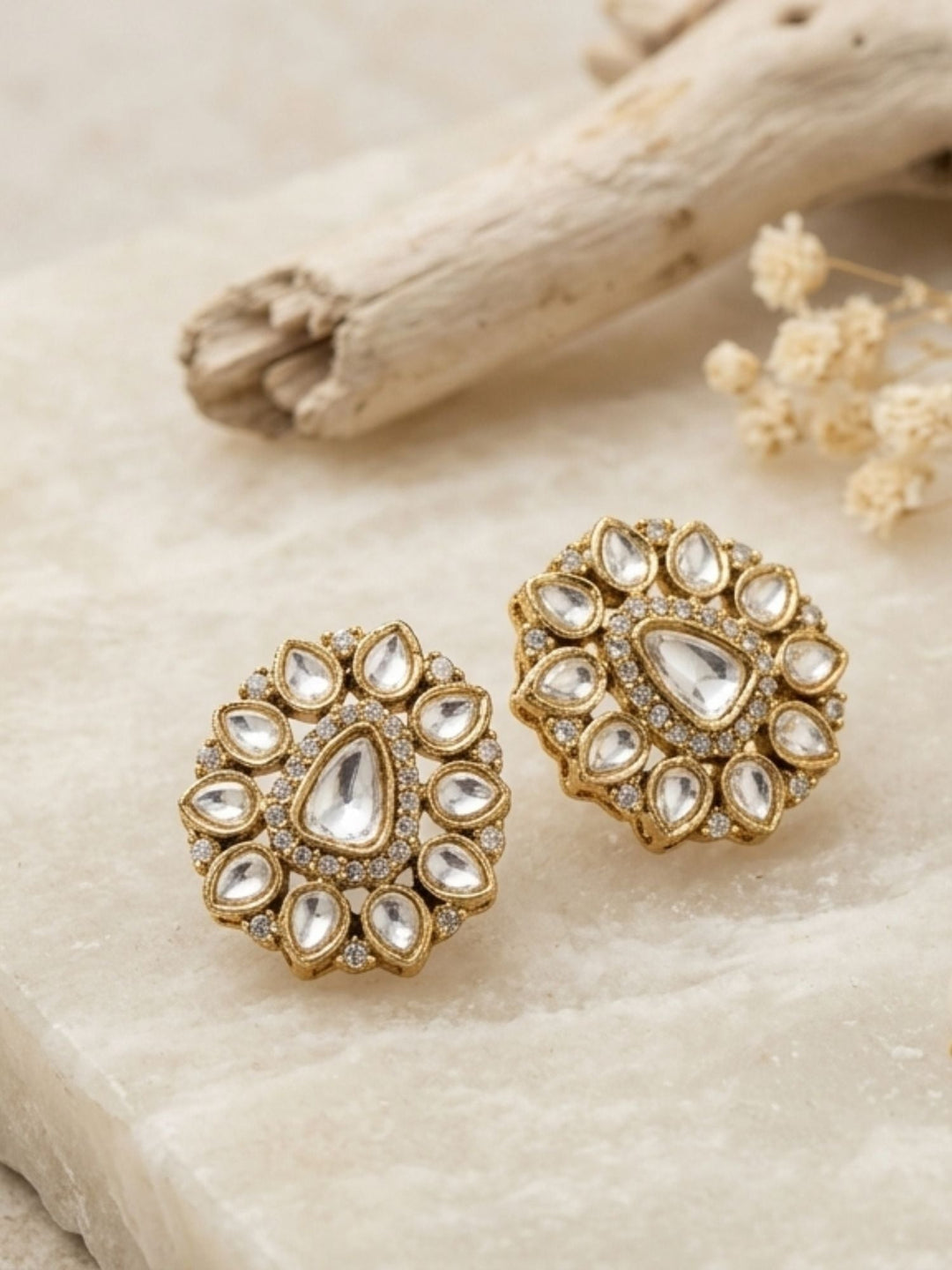 Minimal Gold Plated Invisible Necklace Polki Kundan Pendant Stud Earrings Set | Shobitam