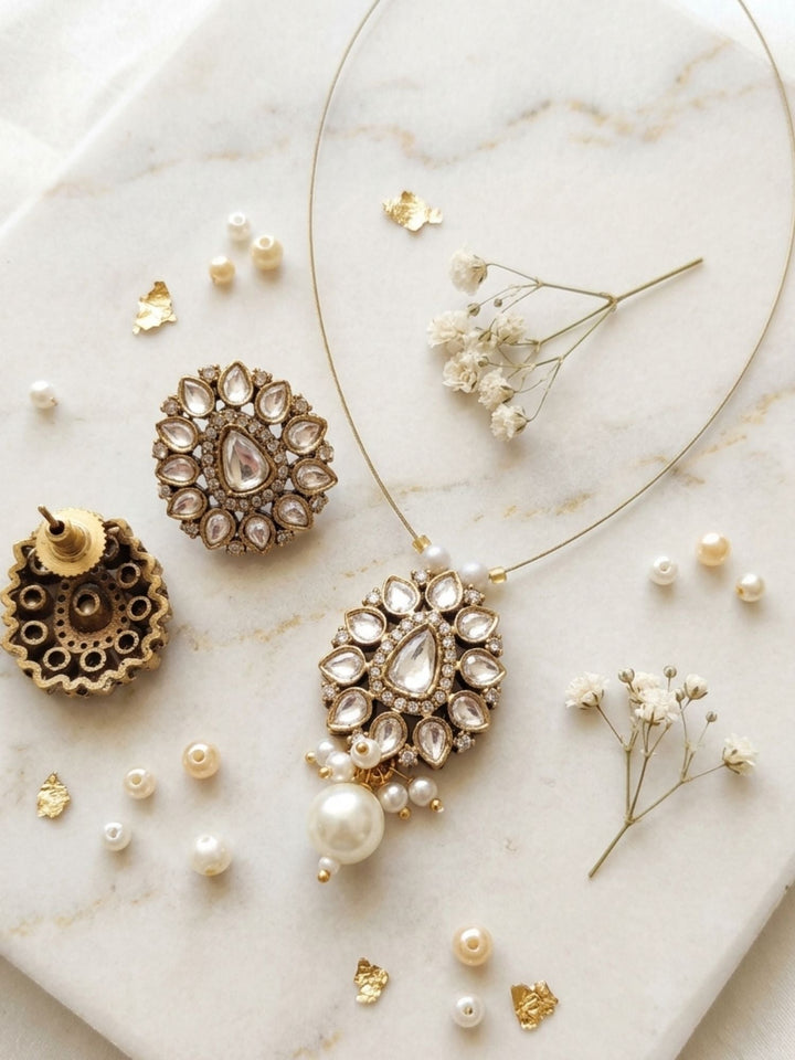Minimal Gold Plated Invisible Necklace Polki Kundan Pendant Stud Earrings Set | Shobitam