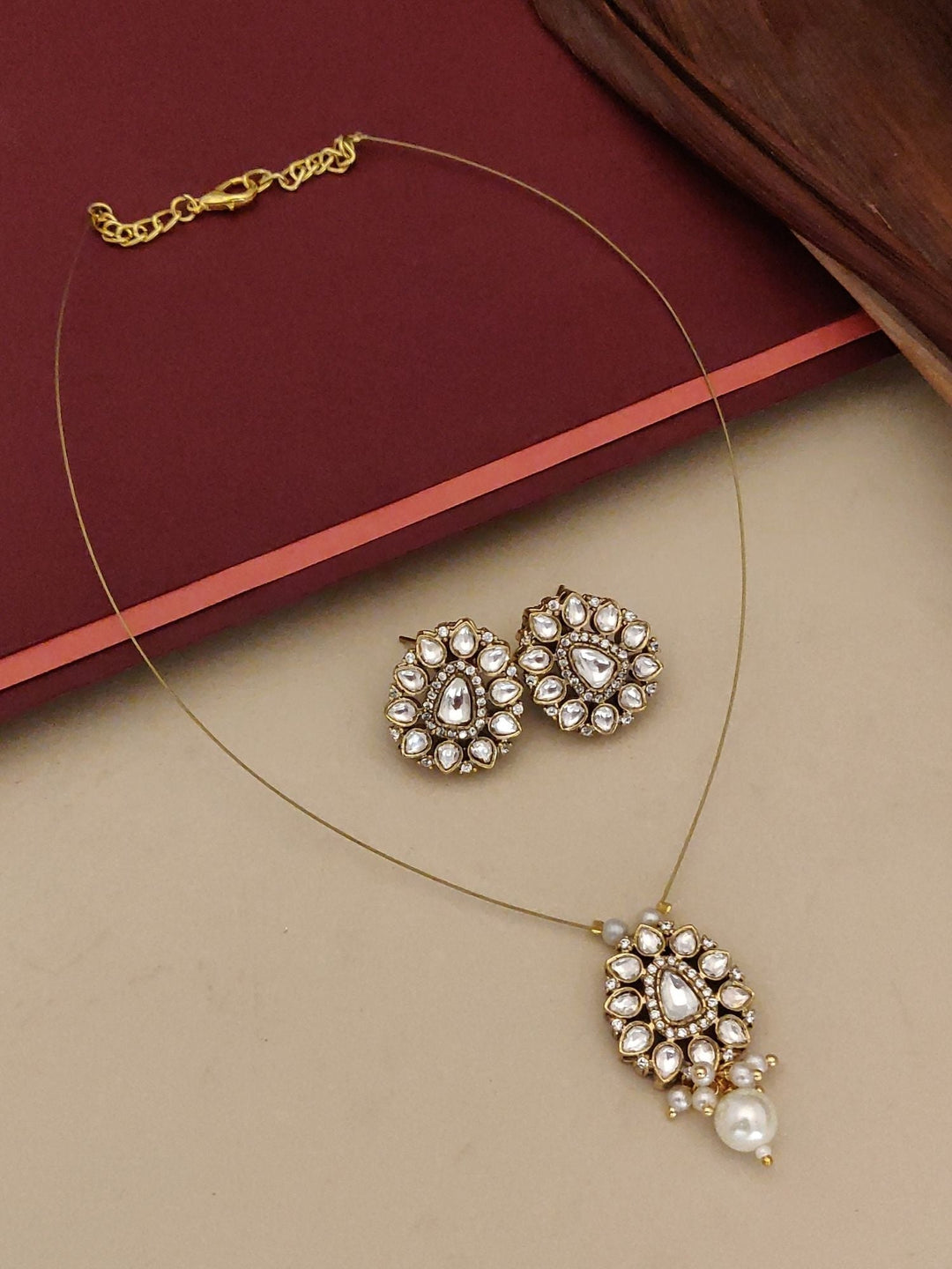Minimal Gold Plated Invisible Necklace Polki Kundan Pendant Stud Earrings Set | Shobitam
