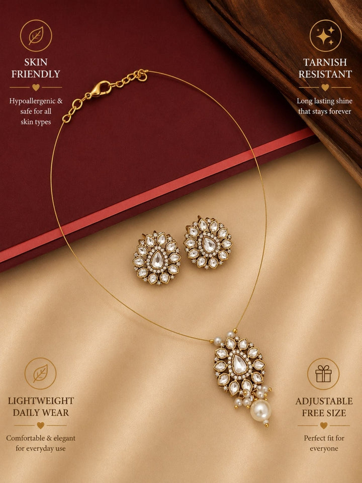 Minimal Gold Plated Invisible Necklace Polki Kundan Pendant Stud Earrings Set | Shobitam