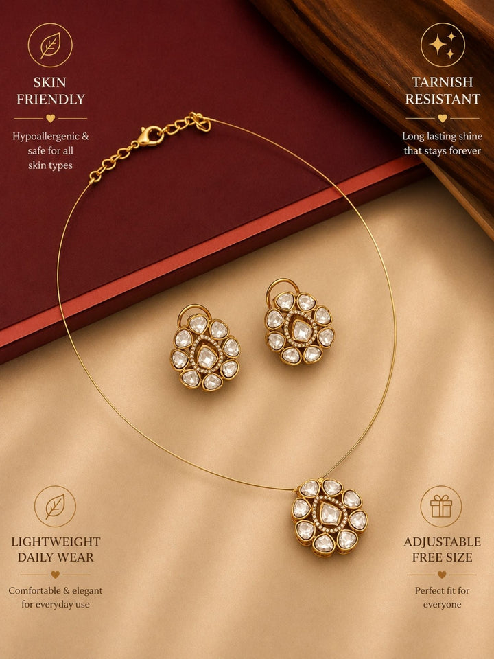Minimal Gold Plated Invisible Necklace Kundan Pendant & Stud Earrings Set  | Shobitam