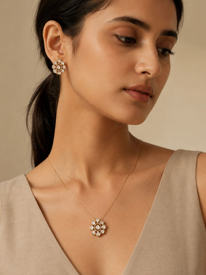 Minimal Gold Plated Invisible Necklace Kundan Pendant & Stud Earrings Set  | Shobitam