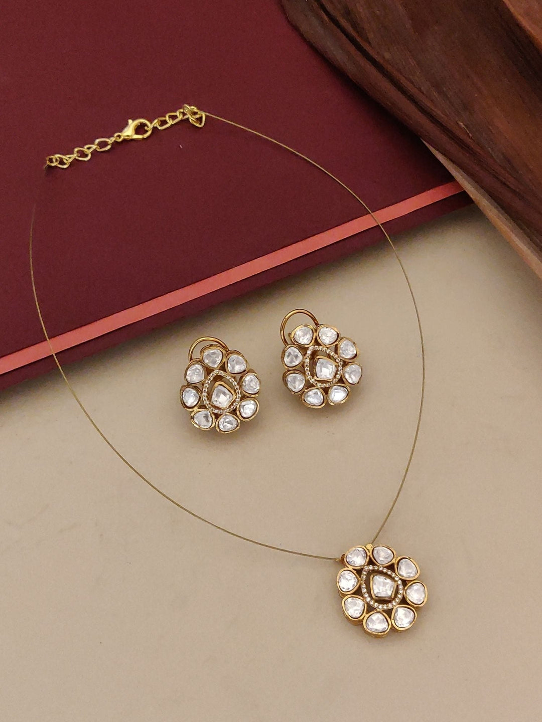 Minimal Gold Plated Invisible Necklace Kundan Pendant & Stud Earrings Set  | Shobitam
