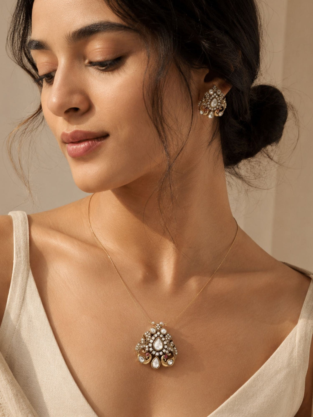 Minimal Gold Plated Invisible Peacock Necklace Pendant & Stud Earrings Set | Shobitam