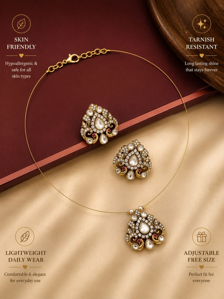 Minimal Gold Plated Invisible Peacock Necklace Pendant & Stud Earrings Set | Shobitam
