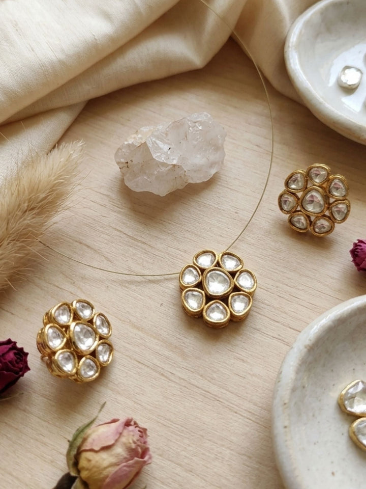 Minimal Gold Plated Invisible Necklace with Polki Kundan Pendant & Stud Earrings Set | SHOBITAM