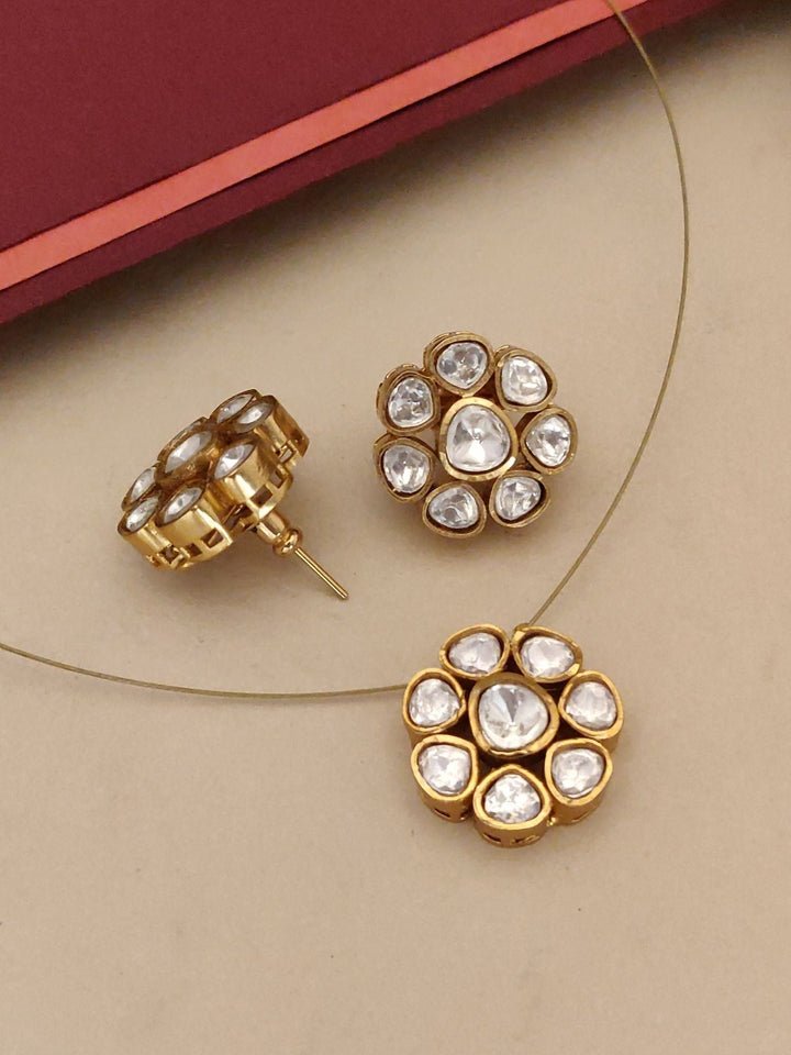 Minimal Gold Plated Invisible Necklace with Polki Kundan Pendant & Stud Earrings Set | SHOBITAM