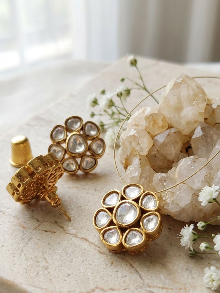 Minimal Gold Plated Invisible Necklace with Polki Kundan Pendant & Stud Earrings Set | SHOBITAM