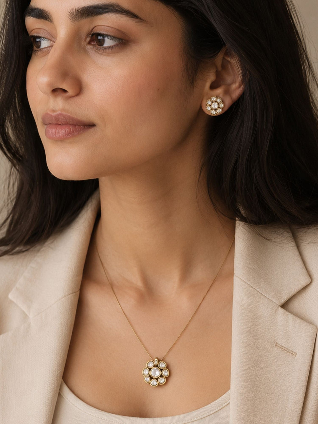 Minimal Gold Plated Invisible Necklace with Polki Kundan Pendant & Stud Earrings Set | SHOBITAM