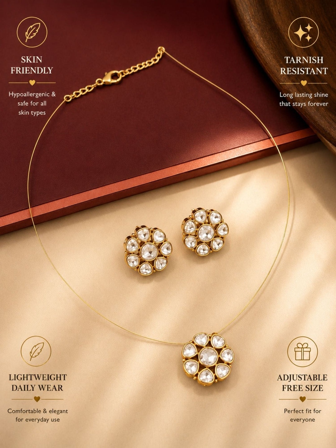 Minimal Gold Plated Invisible Necklace with Polki Kundan Pendant & Stud Earrings Set | SHOBITAM