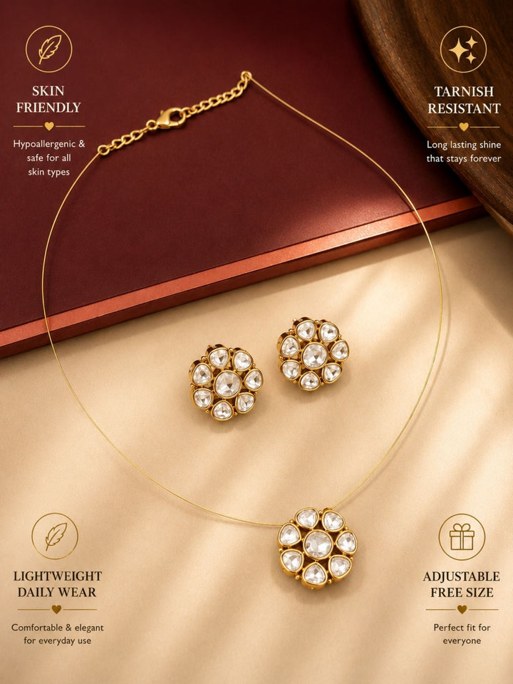Minimal Gold Plated Invisible Necklace with Polki Kundan Pendant & Stud Earrings Set | SHOBITAM