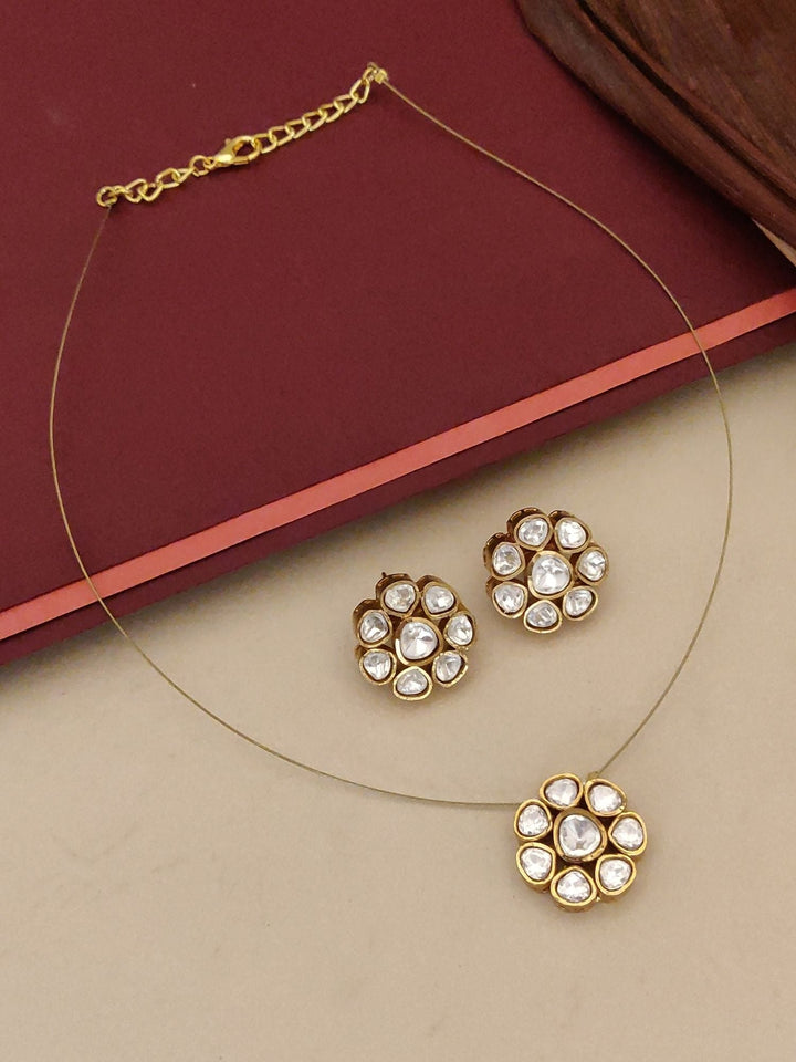 Minimal Gold Plated Invisible Necklace with Polki Kundan Pendant & Stud Earrings Set | SHOBITAM