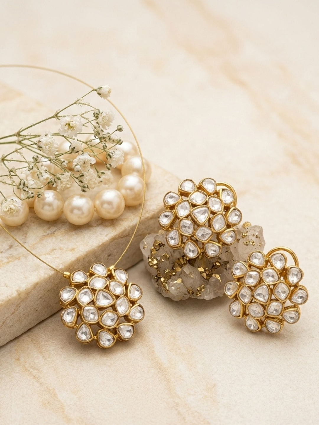 Gold Plated Uncut Polki Necklace Kundan Pendant & Stud Earrings Set | SHOBITAM