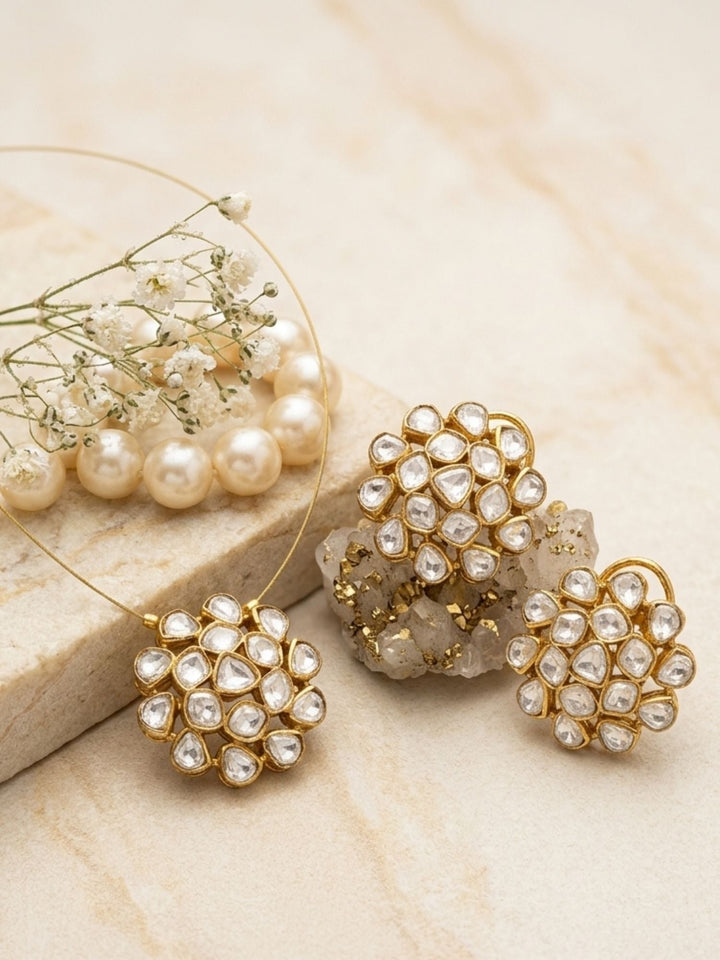 Gold Plated Uncut Polki Necklace Kundan Pendant & Stud Earrings Set | SHOBITAM