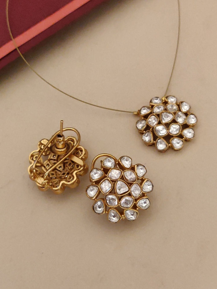 Gold Plated Uncut Polki Necklace Kundan Pendant & Stud Earrings Set | SHOBITAM