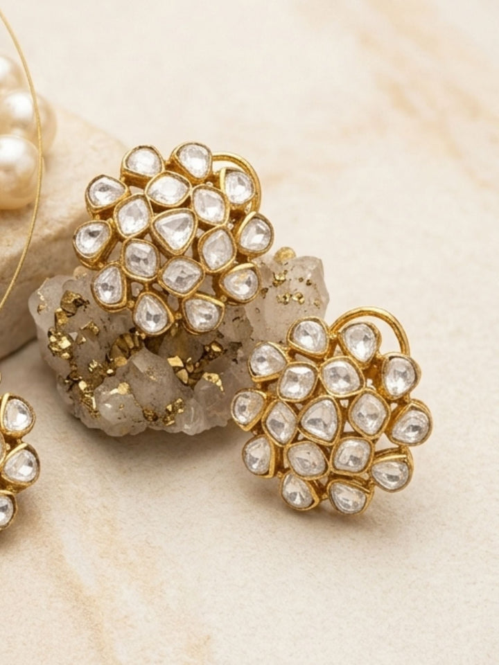 Gold Plated Uncut Polki Necklace Kundan Pendant & Stud Earrings Set | SHOBITAM
