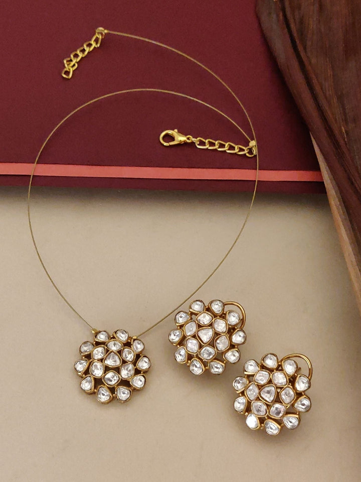 Gold Plated Uncut Polki Necklace Kundan Pendant & Stud Earrings Set | SHOBITAM