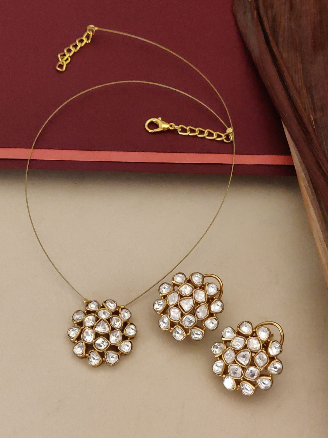 Gold Plated Uncut Polki Necklace Kundan Pendant & Stud Earrings Set | SHOBITAM