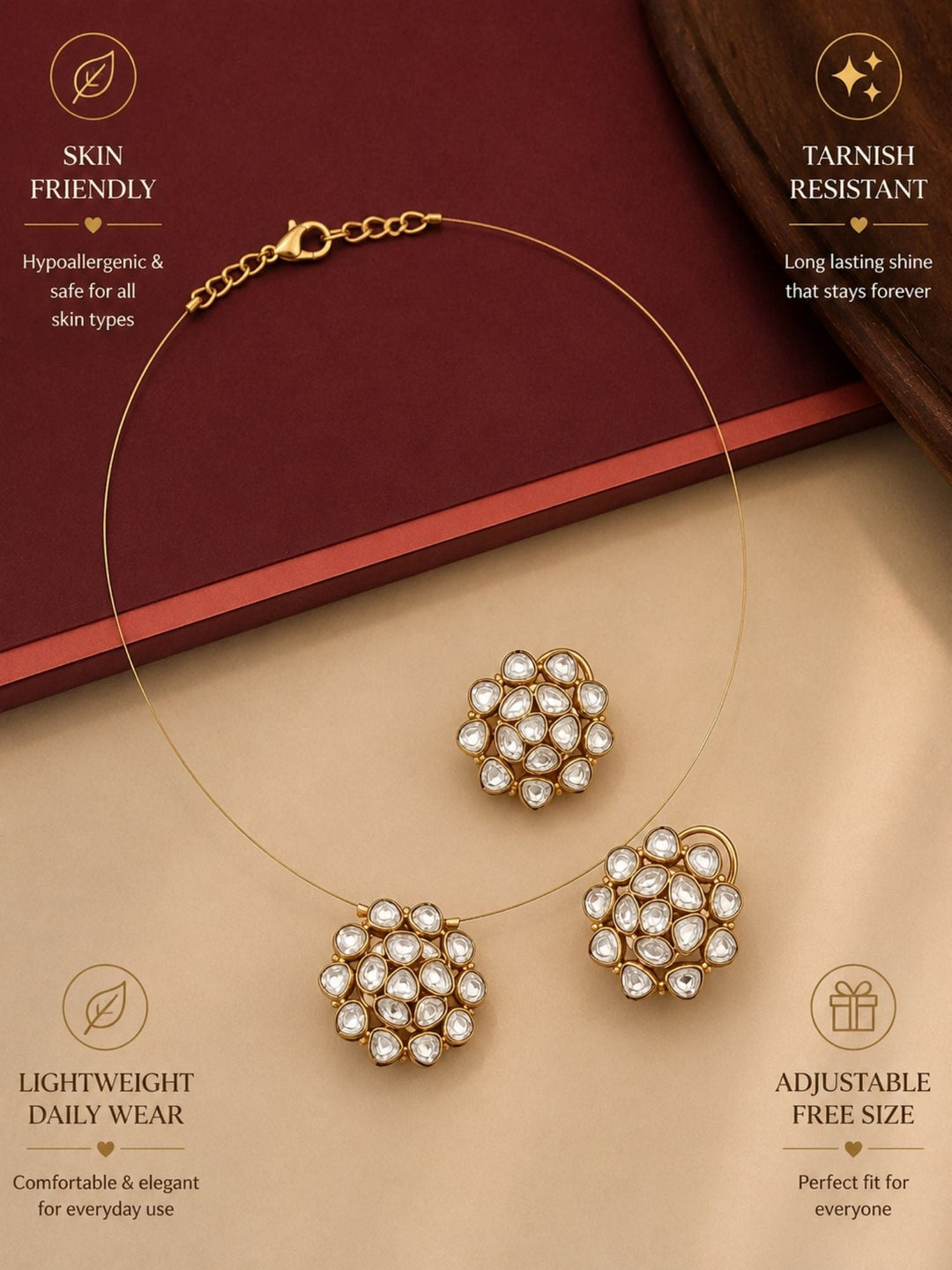 Gold Plated Uncut Polki Necklace Kundan Pendant & Stud Earrings Set | SHOBITAM