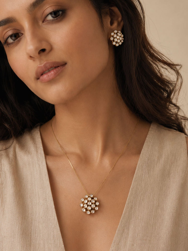 Gold Plated Uncut Polki Necklace Kundan Pendant & Stud Earrings Set | SHOBITAM