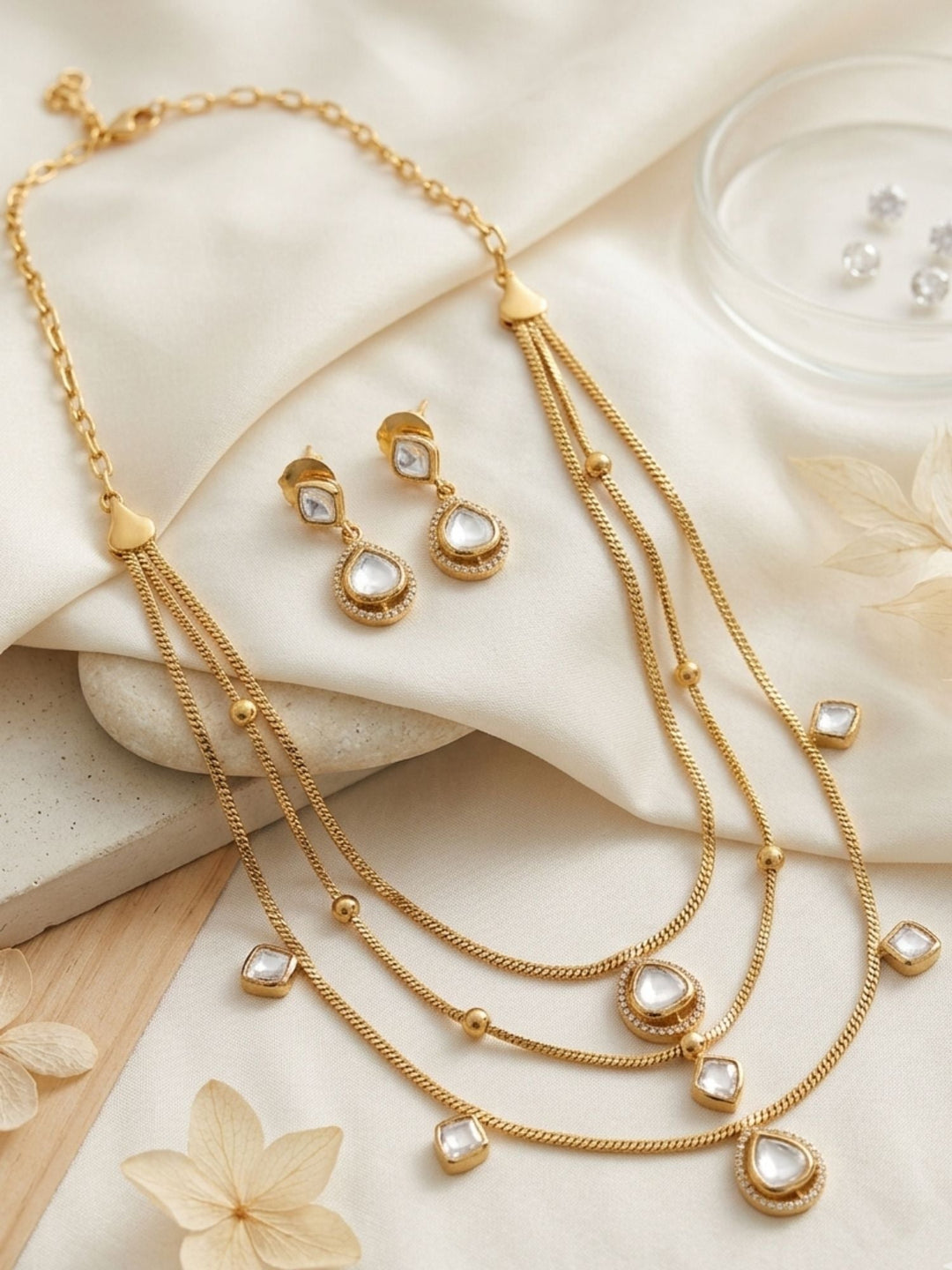 Multi Layer Gold Plated Necklace Set with Kundan Drops & Earrings | Shobitam