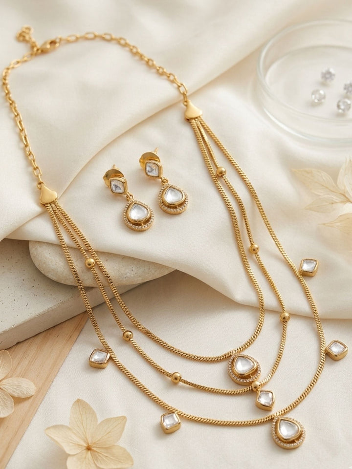 Multi Layer Gold Plated Necklace Set with Kundan Drops & Earrings | Shobitam