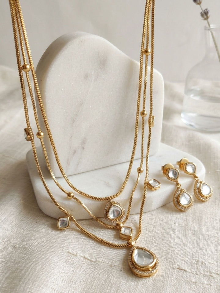 Multi Layer Gold Plated Necklace Set with Kundan Drops & Earrings | Shobitam
