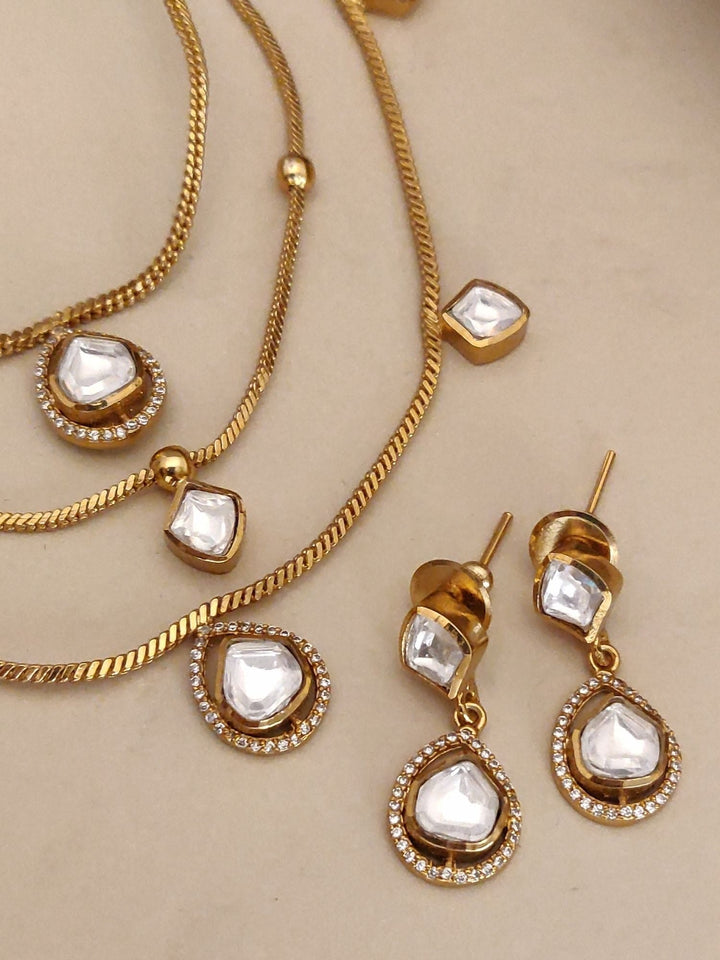 Multi Layer Gold Plated Necklace Set with Kundan Drops & Earrings | Shobitam