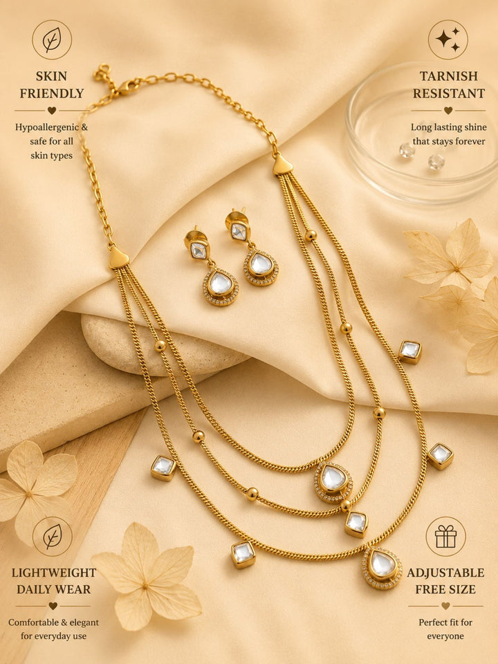 Multi Layer Gold Plated Necklace Set with Kundan Drops & Earrings | Shobitam