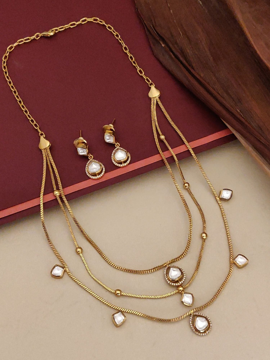 Multi Layer Gold Plated Necklace Set with Kundan Drops & Earrings | Shobitam