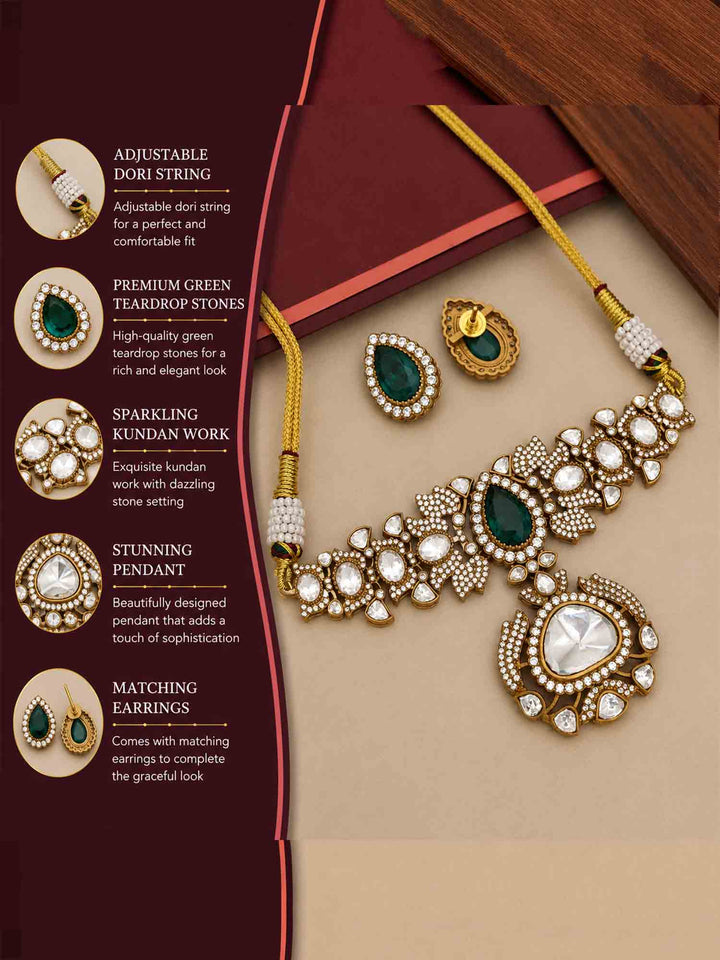 Green Emerald Stone Ethnic Elegant Festive Polki Choker Set | SHOBITAM