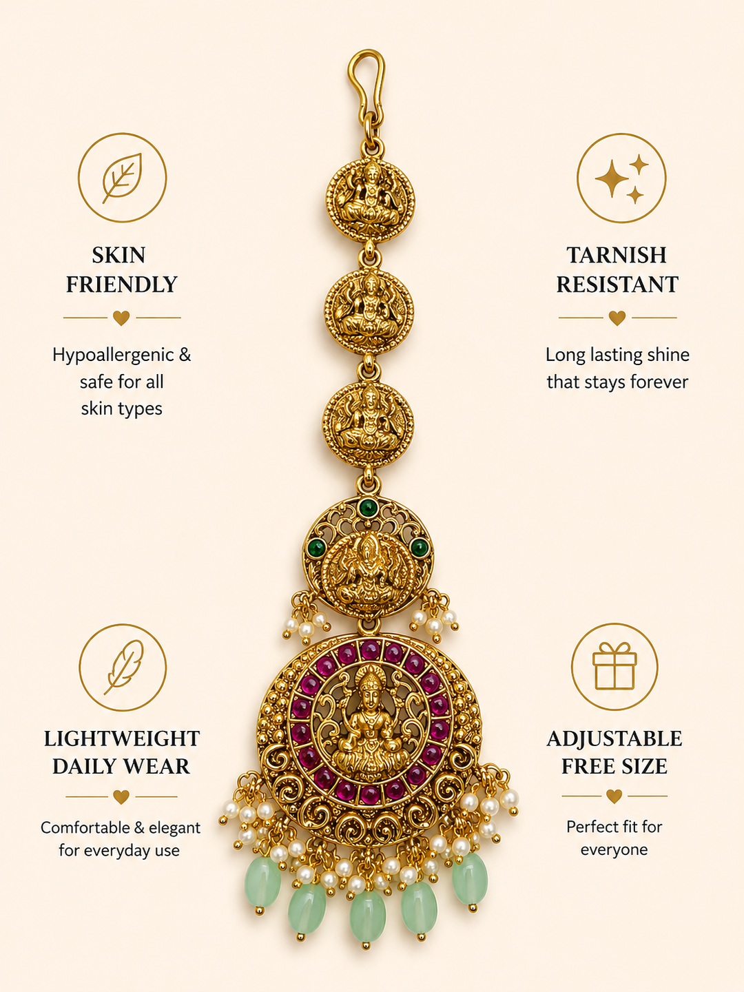 Bridal Wear Handcrafted Matt Gold Temple Maang Tikka | SHOBITAM